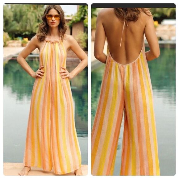 Anthropologie Sundress Citrus Striped Jumpsuit | Size M/L - Picture 1 of 14